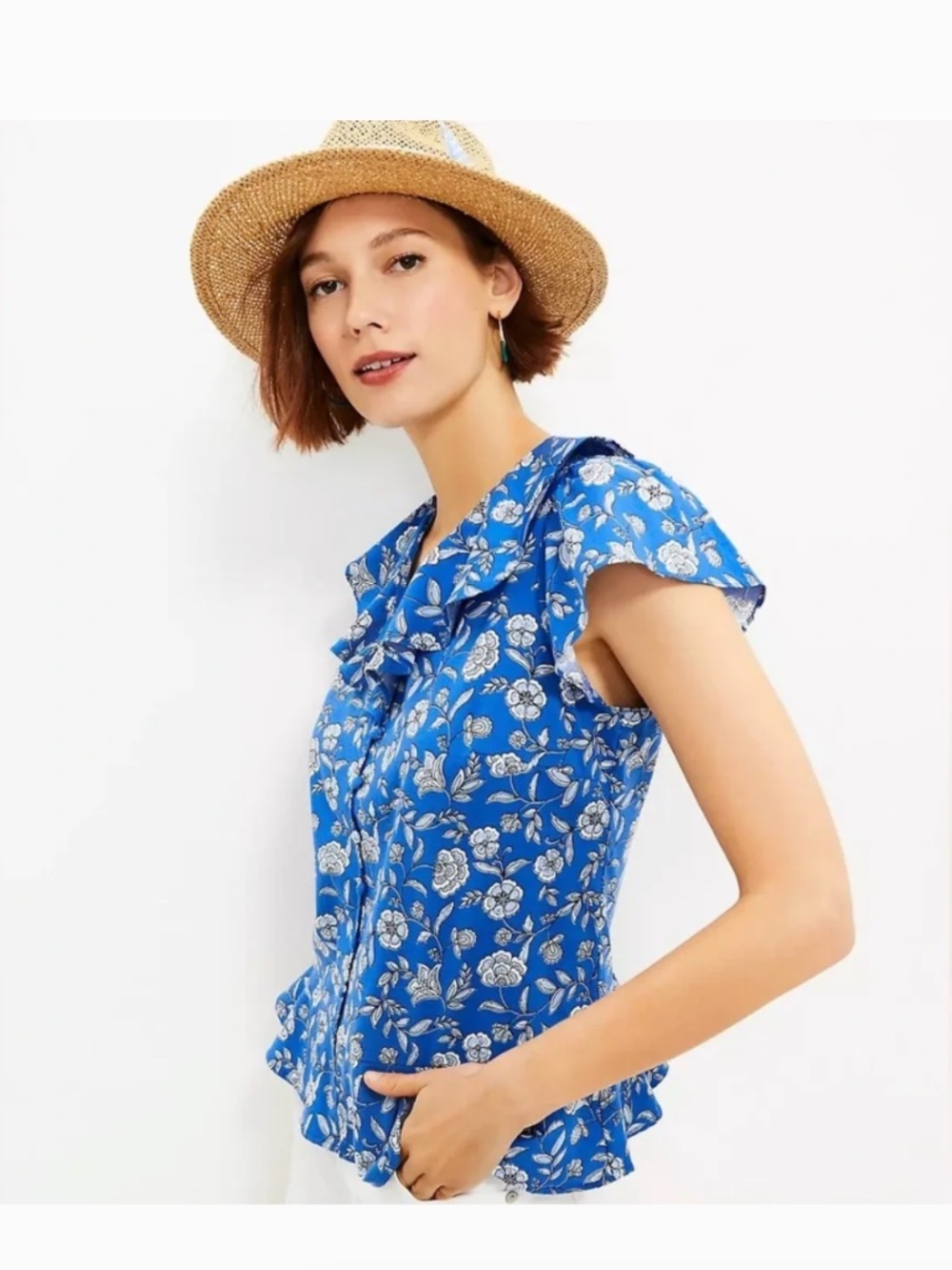 Loft Blue White Floral Ruffle Peplum Blouse Short Sleeve Size Medium - Picture 2 of 9
